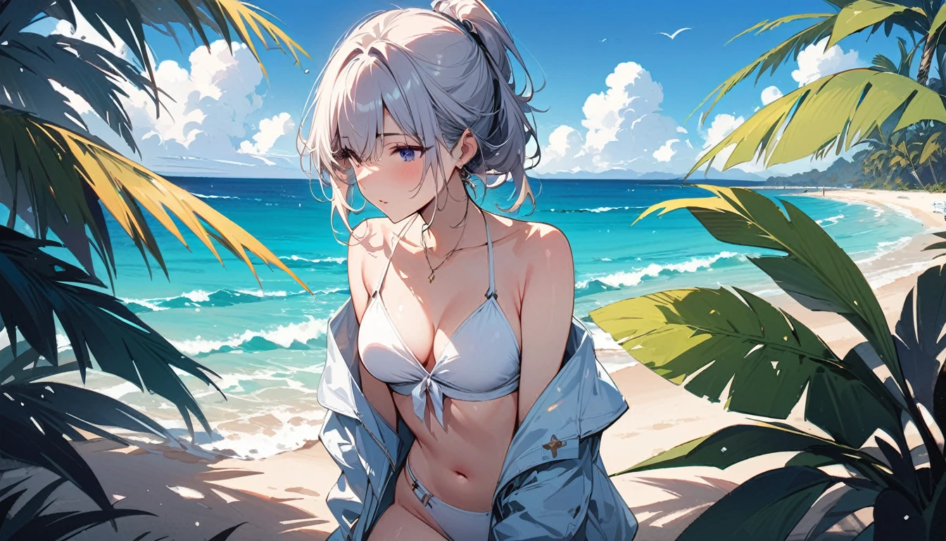 (masterpiece, Highest quality:1.2), 1 Girl, alone,Eyes open,Tropical atmosphere,Ocean,Swimwear