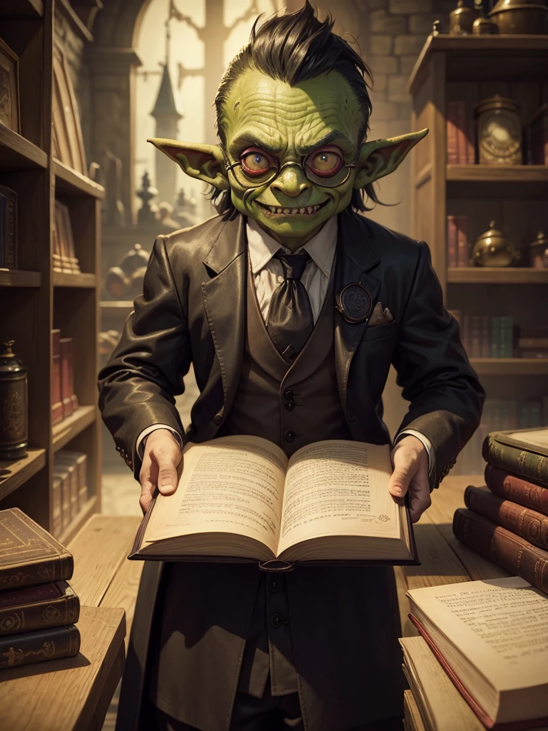 Little Goblin, greenskin, wearing black suit, wearing monocle, Eyes red, sharped teeth, holding a leather book, recepcionista, behind a counter, medieval environment, Fantasy world.