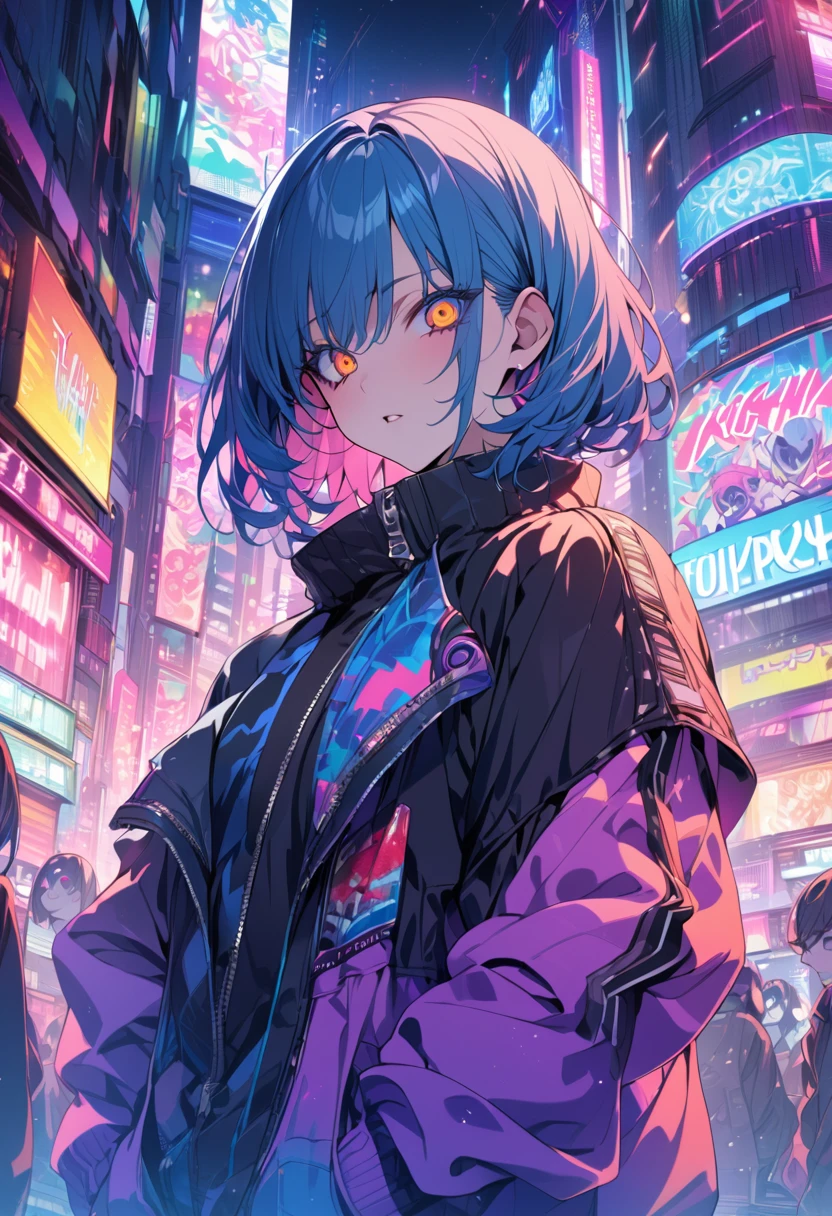 (masterpiece,detailed,High resolution:1.4) , Model shoot, close, detailed face, fine detailed eyes,, (kirishima touka),Blue middle hair,ghoul eyes,Retro Jacket,Tokyo Ghoul,Retrofuturism background, Vibrant colors, High resolution,, , 