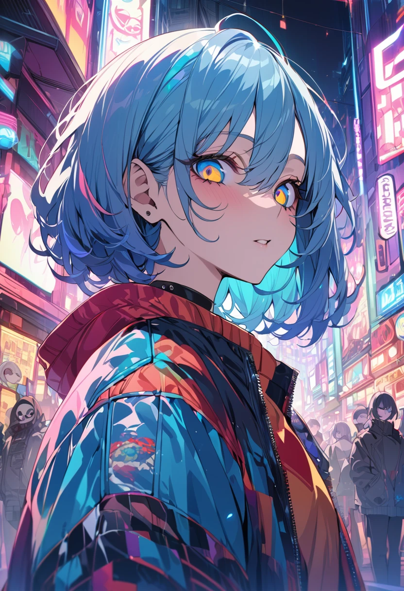 (masterpiece,detailed,High resolution:1.4) , Model shoot, close, detailed face, fine detailed eyes,, (kirishima touka),Blue middle hair,ghoul eyes,Retro Jacket,Tokyo Ghoul,Retrofuturism background, Vibrant colors, High resolution,, ,