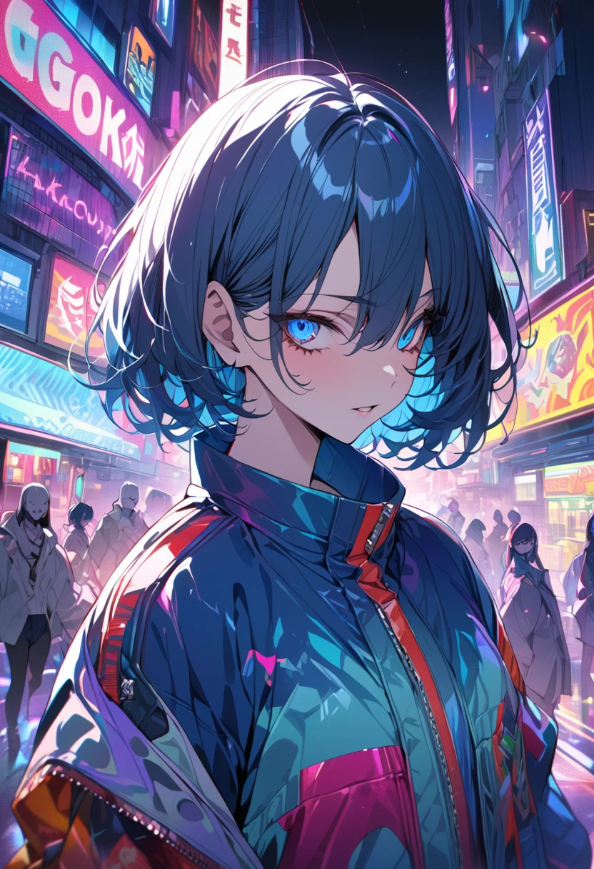 (masterpiece,detailed,High resolution:1.4) , Model shoot, close, detailed face, fine detailed eyes,, (kirishima touka),Blue middle hair,ghoul eyes,Retro Jacket,Tokyo Ghoul,Retrofuturism background, Vibrant colors, High resolution,, ,