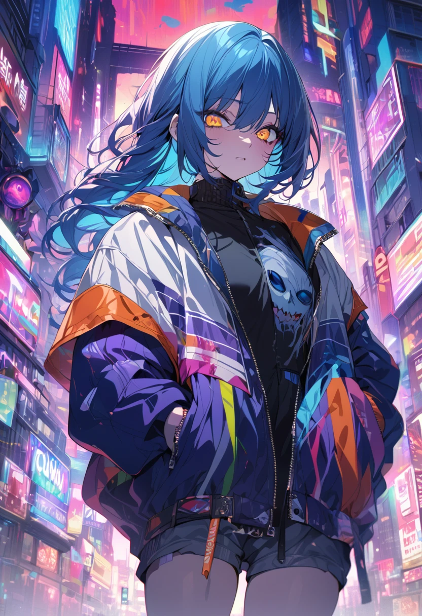 (masterpiece,detailed,High resolution:1.4) , Model shoot, close, detailed face, fine detailed eyes,, (kirishima touka),Blue middle hair,ghoul eyes,Retro Jacket,Tokyo Ghoul,Retrofuturism background, Vibrant colors, High resolution,, ,