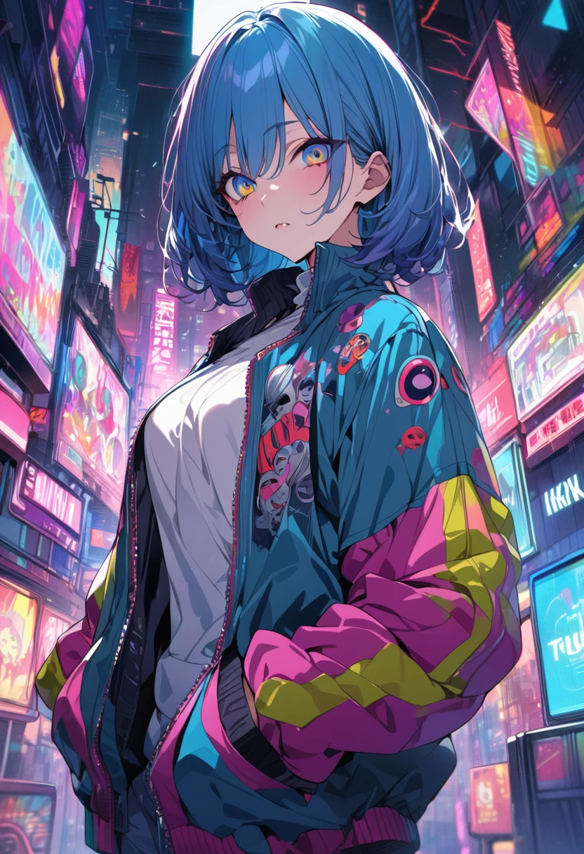 (masterpiece,detailed,High resolution:1.4) , Model shoot, close, detailed face, fine detailed eyes,, (kirishima touka),Blue middle hair,ghoul eyes,Retro Jacket,Tokyo Ghoul,Retrofuturism background, Vibrant colors, High resolution,, ,