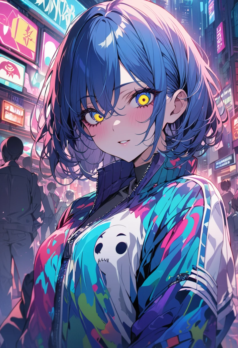 (masterpiece,detailed,High resolution:1.4) , Model shoot, close, detailed face, fine detailed eyes,, (kirishima touka),Blue middle hair,ghoul eyes,Retro Jacket,Tokyo Ghoul,Retrofuturism background, Vibrant colors, High resolution,, ,