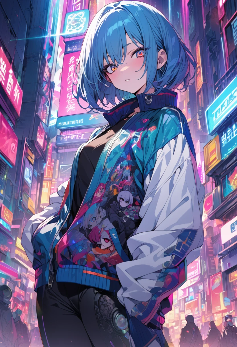 (masterpiece,detailed,High resolution:1.4) , Model shoot, close, detailed face, fine detailed eyes,, (kirishima touka),Blue middle hair,ghoul eyes,Retro Jacket,Tokyo Ghoul,Retrofuturism background, Vibrant colors, High resolution,, ,