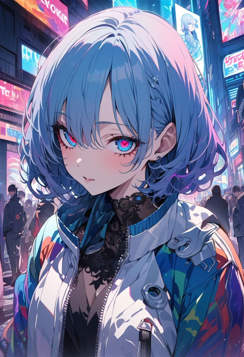 (masterpiece,detailed,High resolution:1.4) , Model shoot, close, detailed face, fine detailed eyes,, (kirishima touka),Blue middle hair,ghoul eyes,Retro Jacket,Tokyo Ghoul,Retrofuturism background, Vibrant colors, High resolution,, ,