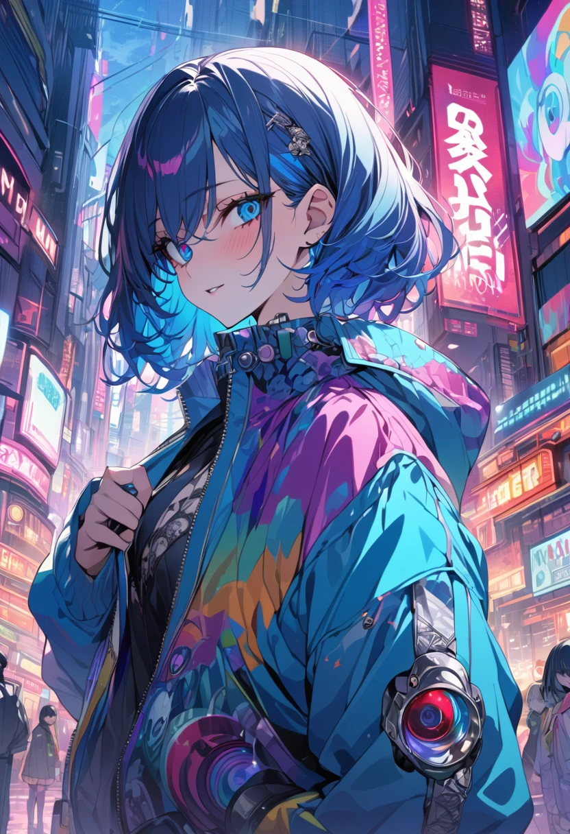 (masterpiece,detailed,High resolution:1.4) , Model shoot, close, detailed face, fine detailed eyes,, (kirishima touka),Blue middle hair,ghoul eyes,Retro Jacket,Tokyo Ghoul,Retrofuturism background, Vibrant colors, High resolution,, ,