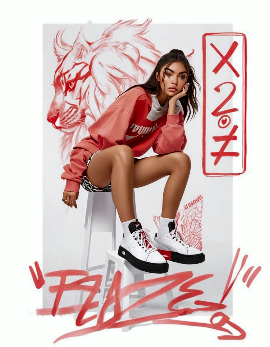 a woman sitting on a stool with a red and white poster, '20, 🤬 🤮 💕 🎀, she is wearing streetwear, made with photoshop, based on a puma, woman in streetwear, trending on r/streetwear, by Ignacio Zuloaga, focus on sneakers only, badass look, :: madison beer, 💋 💄 👠 👗, hypebeast
