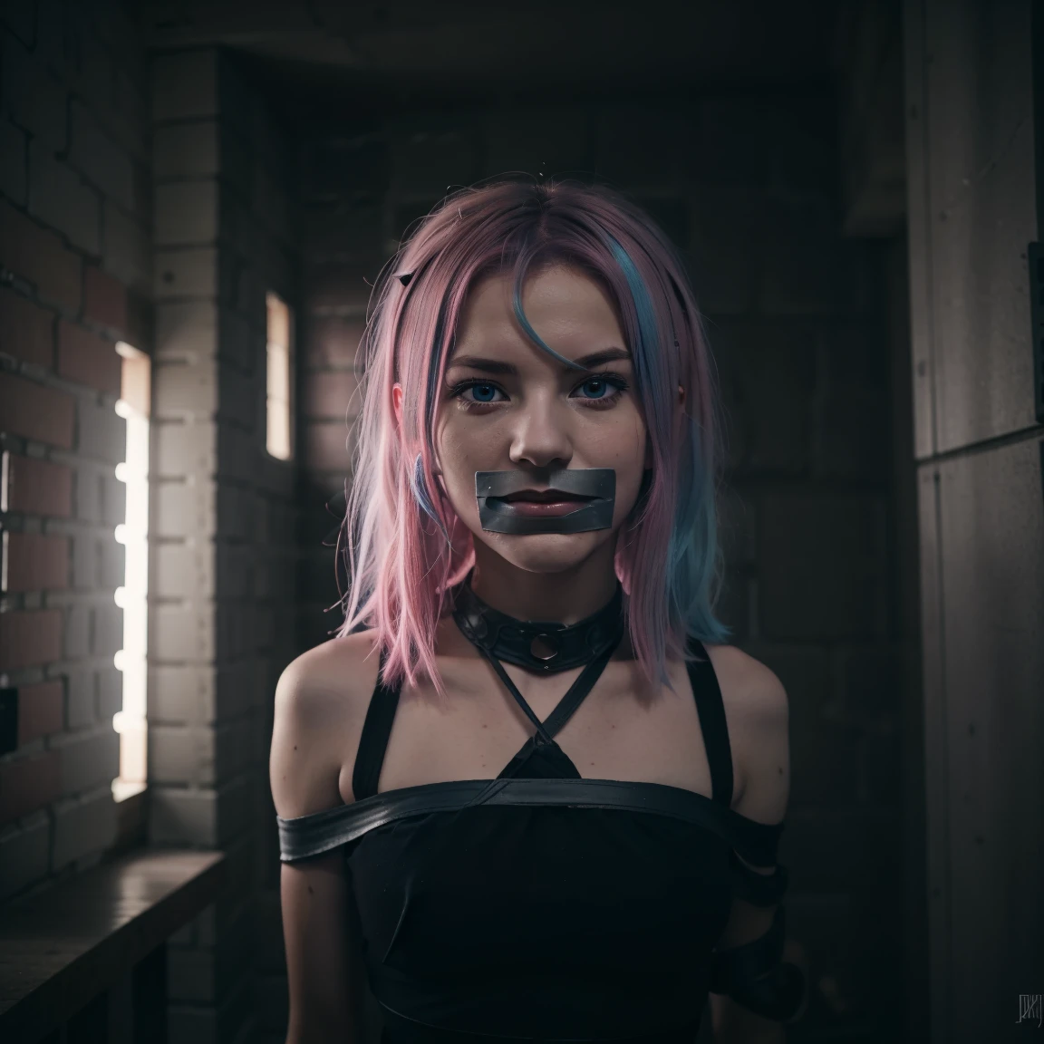 1 girl, 19 years old, Solo, Aesthetic art, Irish, with colored hair (blue and pink), shoulder length hair, gray eyes, light gray eyes, , best quality, tied and gagged, the place is a dark dungeon