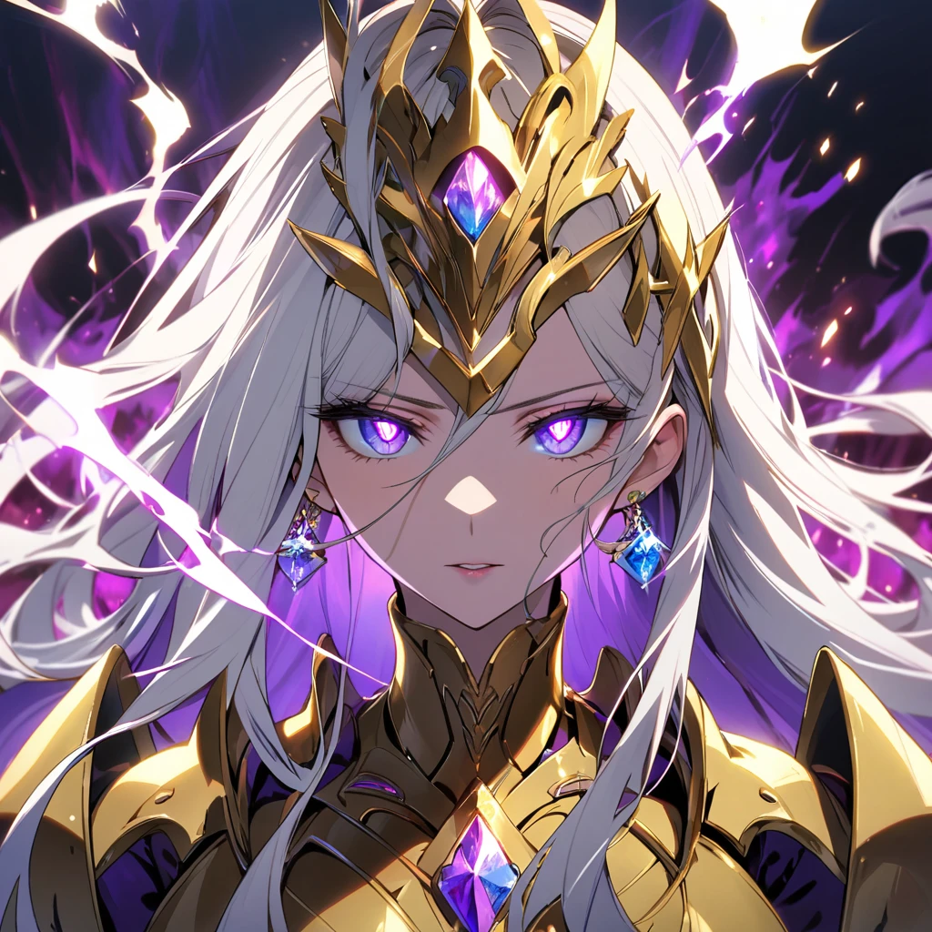 woman, blue eyes, long hair, white hair, mature, god eyes, diamond earings, glowing right eyes, two colors eyes, purple eyes, golden armor, dark aura, main face, front face
