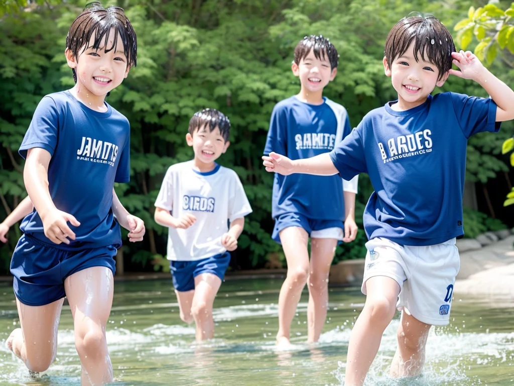 In the forest、 in the countryside、Swimming in the river、Bathing in water、水でGet wet all over、Cute eletary boy、Boy in gym clothes、The bottom of the white T-shirt is blue、Blue shorts、The boys are playing、Get wet all over、The laughter of boys can be heard from afar、Splashing Water、Japanese、(Boy 1.4)、high resolution、Highest quality、wet clothes、transparent