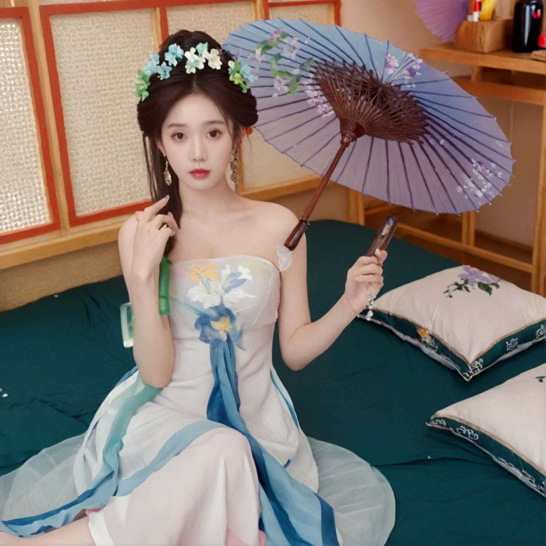 1girl, solo, looking at viewer, brown hair, hair ornament, dress, holding, jewelry, sitting, flower, earrings, barefoot, indoors, bed, umbrella, hand fan, realistic, holding fan