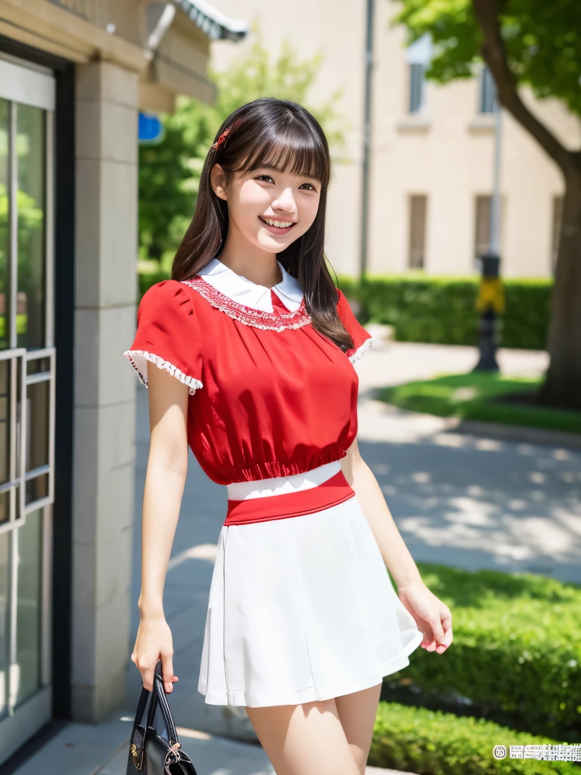 masterpiece , Highest quality , Very detailed , 8k , Cute Woman , One girl , blouse , bangs , smile , White teeth , Symmetrical eyes, 半袖blouse、mini skirt、Red Heels、Summer daytime、We meet at the entrance to the campus.、