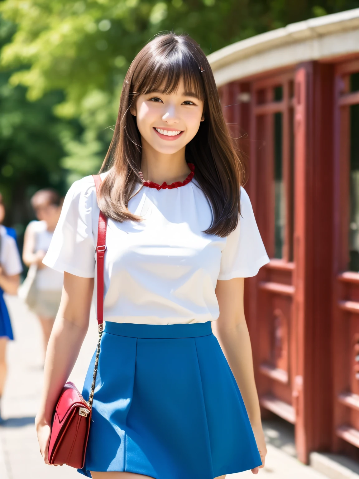 masterpiece , Highest quality , Very detailed , 8k , Cute Woman , One girl , blouse , bangs , smile , White teeth , Symmetrical eyes, 半袖blouse、mini skirt、Red Heels、Summer daytime、We meet at the entrance to the campus.、