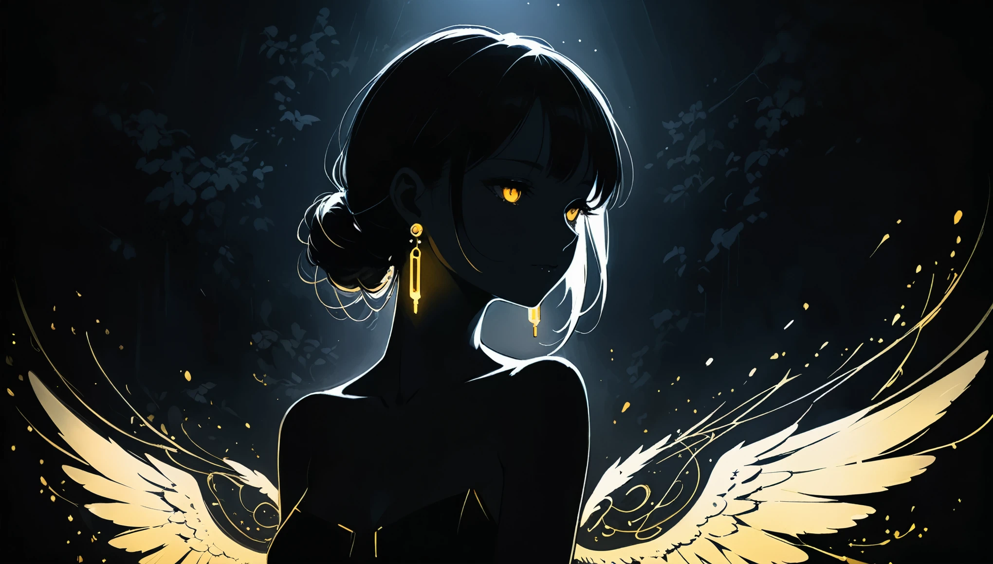 in style of Ashley Wood,in style of by Liu Ye,(in style of Santiago Caruso:0.9),
1girl,darkness,totally dark,in the incomprehensible gloom,1 girl,
(earrings emit intense bright light to break the darkness:1.3),faint lights,dark tones,absolutely dark glow,black_background,(obscured light:1.2),medium_shot,(the glow of the earrings illuminates the face collarbones and shoulders:1.1),(a strong contrast between light and darkness:1.2),from_side,light painting,lightline,anime illustration style,(light painted wings:1.8),light paints ear wings,silhouette,blurry,dithering,