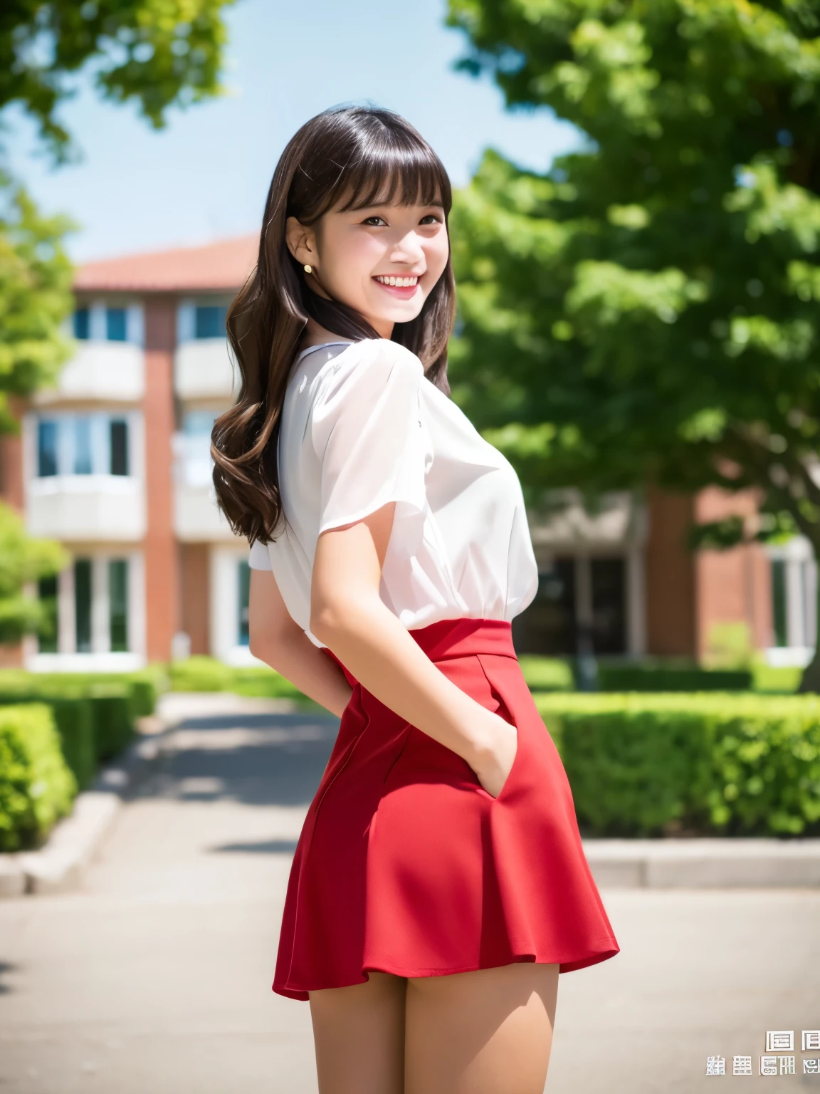 masterpiece , Highest quality , Very detailed , 8k , Cute Woman , One girl , blouse , bangs , smile , White teeth , Symmetrical eyes, 半袖blouse、mini skirt、Red Heels、Summer daytime、We meet at the entrance to the campus.、