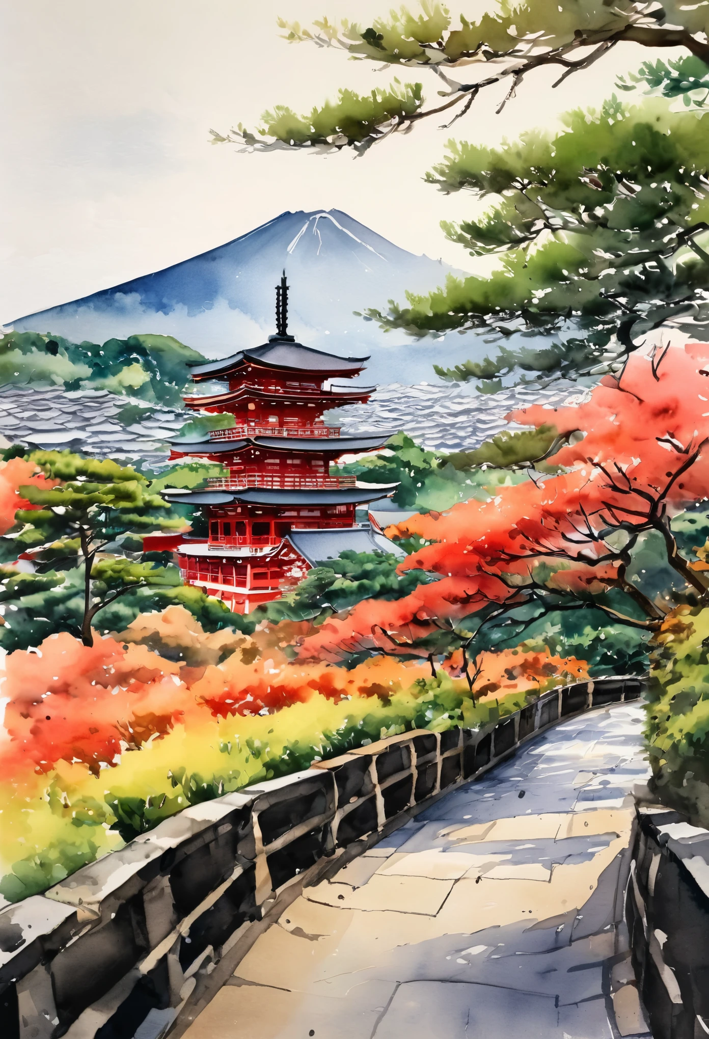 (Street:1.5), (ink and watercolor painting:1.5), (Tasteful:1.5), (ink and watercolor painting:1.5), (full color:1.5), 8k, 4k, (landscapes:1.5),(trees:1.5),(wind:1.5),(kyoto:1.5),kiyomizu temple in background 