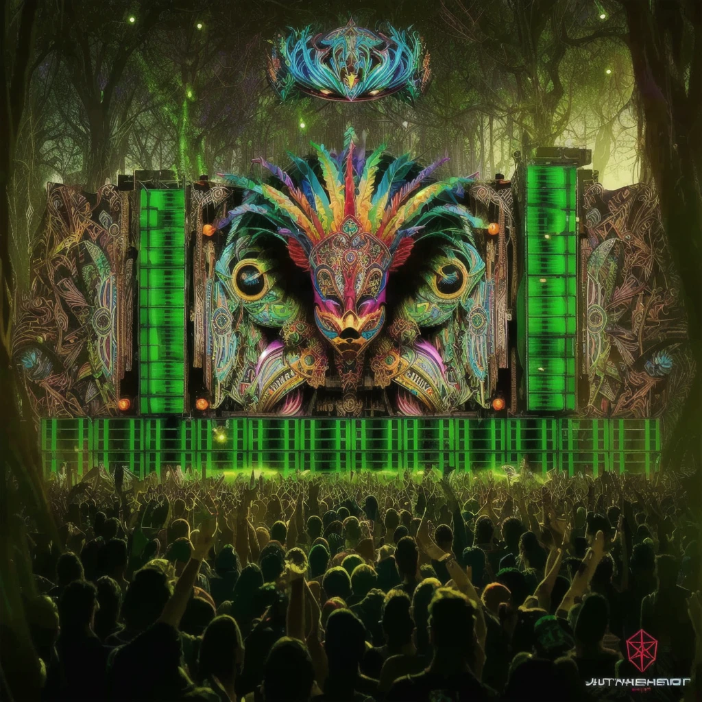 a large screen with a colorful mask on it in front of a crowd, psytrance artwork, psytrance, shpongle, psytrance and giger, dan mumford. maya render, dmt visuals, dan mumford and alex grey style, psychedelic visuals, amen beats jungle , dmt background, anfree wallin, extremely psychedelic experience, official artwork