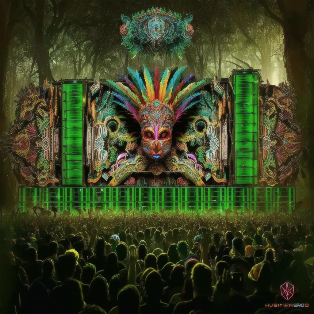 a large screen with a colorful mask on it in front of a crowd, psytrance artwork, psytrance, shpongle, psytrance and giger, dan mumford. maya render, dmt visuals, dan mumford and alex grey style, psychedelic visuals, amen beats jungle , dmt background, anfree wallin, extremely psychedelic experience, official artwork
