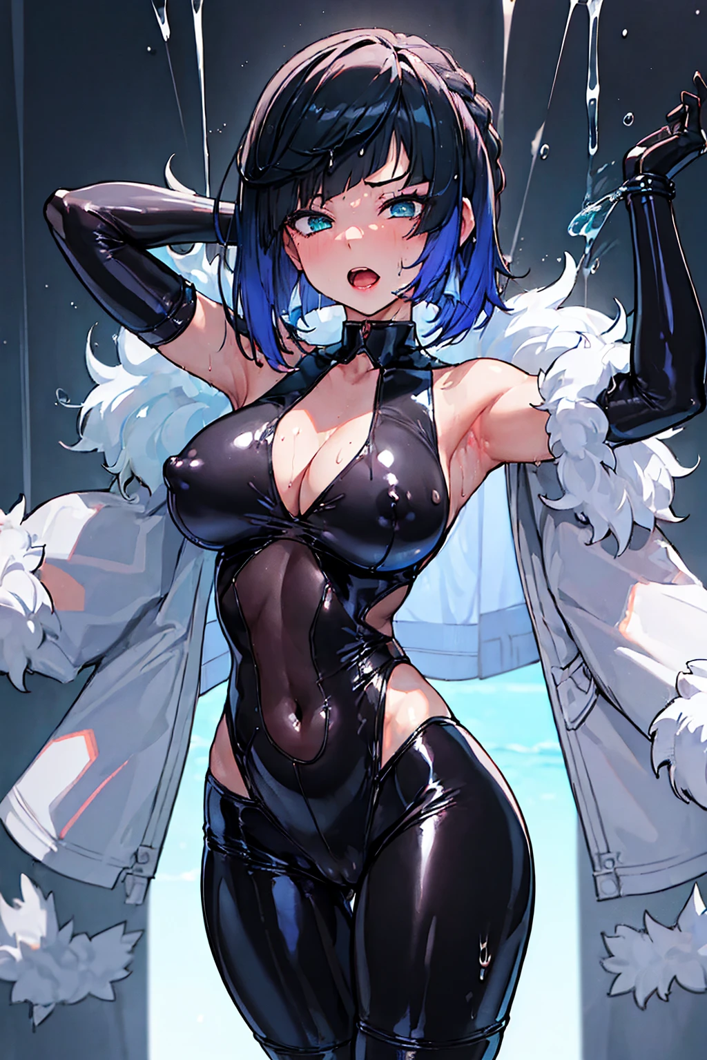 (masterpiece, best quality:1.4) wide open legs, close in view, (half visible tights), anime girl in black latex posing, seductive anime girl, oppai, breast, wearing latex, black shiny latex, visible armpits, ((pony tail behind)), leg spread wide open, tights muscles, face expression in distress, face expression in pain, screaming, squat, smooth latex, body liquid dripping, liquid dripping, liquid pouring down, visible nipples, wet skin, struggling, uncomfortable, discomfort, body sweat, having an orgasm, pussy , female , breathing heavily, terrified, detailed skin texture, fine anatomy, twisting her waist, twisting body, body twisting like a worm in discomfort, bottom up view