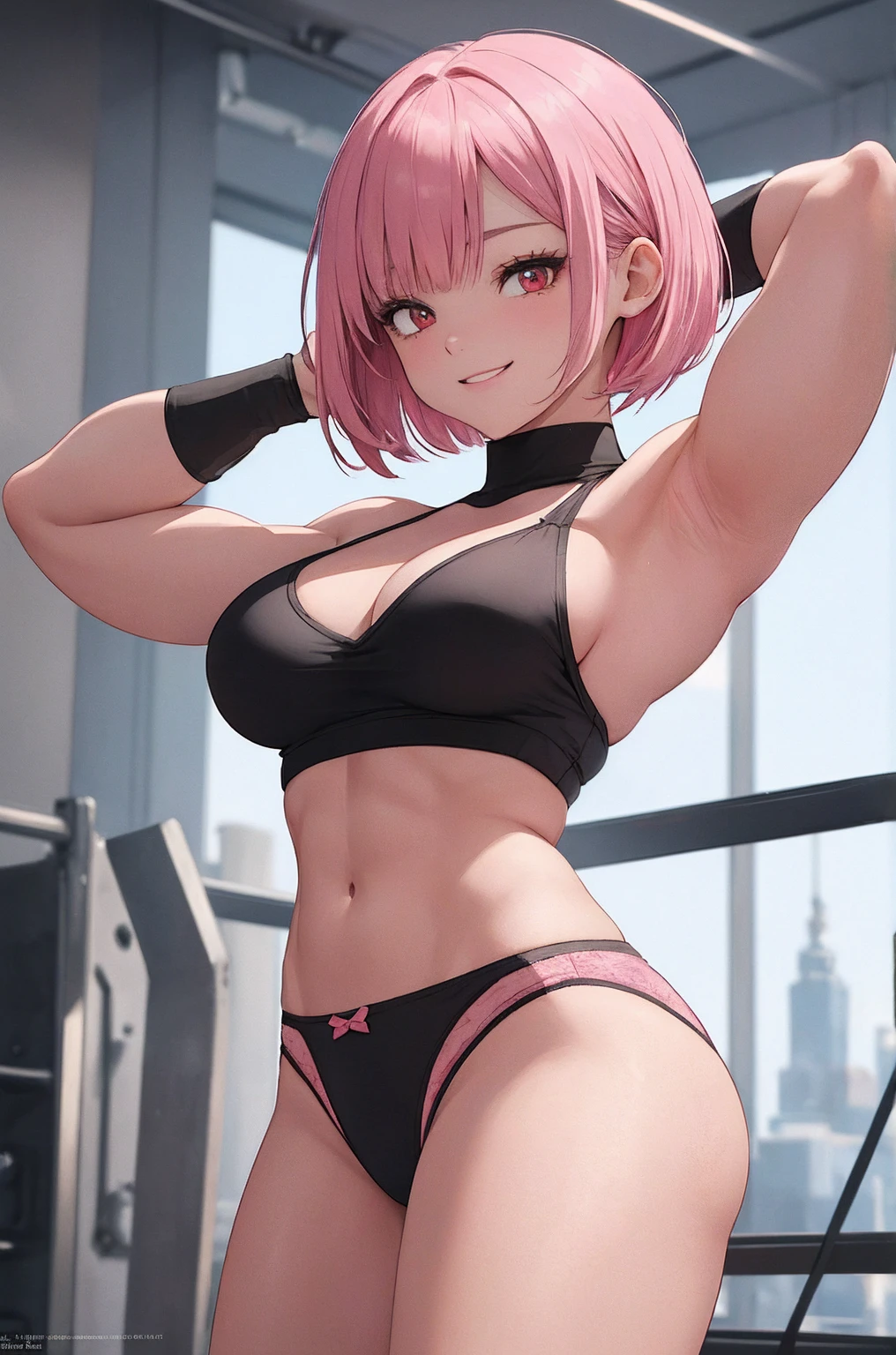 Beautiful pink bob cut woman with bright red eyes, Wearing sexy panties, She looks down on the viewer with a cute smile, Highly detailed and realistic, masterpiece quality, Very detailed, High resolution, Studio Lighting, Vibrant colors, Physically Based Rendering, Thick and muscular thighs, Beautiful muscular thighs, Very strong wrestler,((Raise your arms, Expose your armpits))