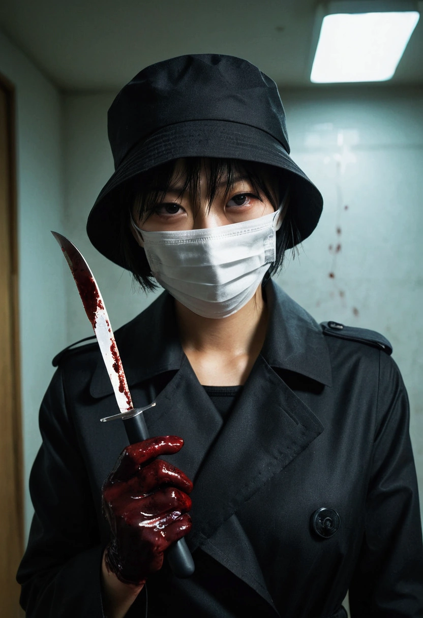 korean beautiful girl, (behind corpse, surgical mask), sunglasses, holding knife, stabbing, black gloves, room full of blood, black trench coat, bucket hat, holding knife, black gloves, behind corpse, blood splatter, short hair, black wet suit, night, mass murderer, robbery, dark atmosphere, cinematic lighting, atmospheric realistic,