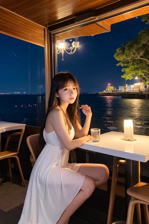 Cafe with a night view of the sea A large full moon reflected on the sea surface Lots of stars in the sky A girl with long hair is standing and looking straight at me. White Summer Dress