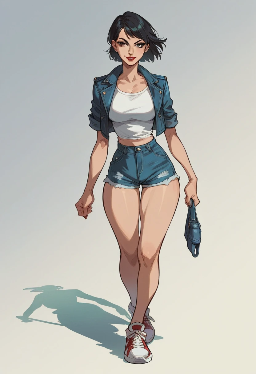 Score_9, Score_8_up, Score_7_up, 1 girl, black hair, black eyes, curvy figure, smile, red lips, big bust, wide hips, small waist, short jean jacket, white blouse, jean micro shorts, sneakers, walking, simple background, white background,