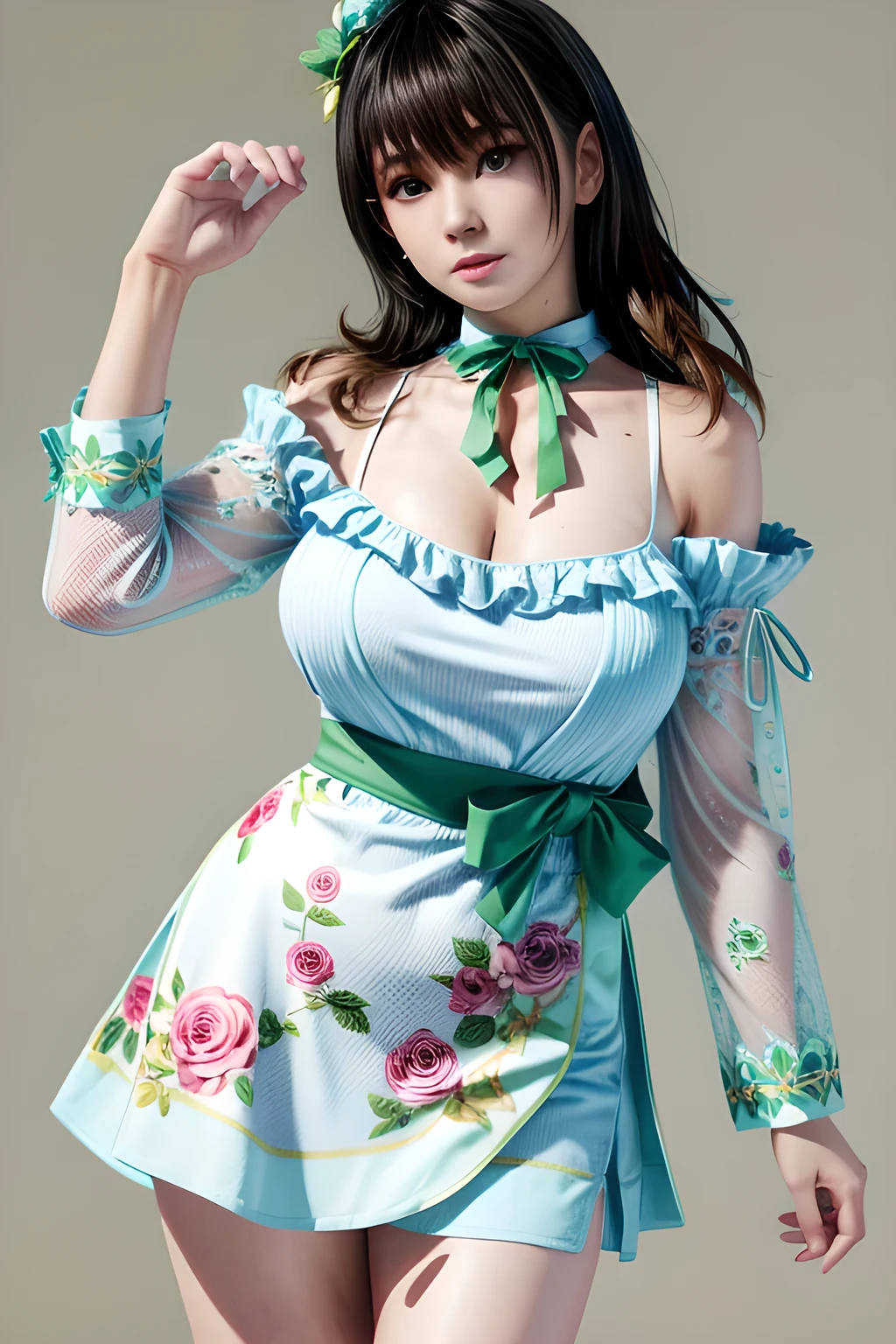 1girl, wearing a light blue floral print dress. The emphasis is on the design of the dress. The top section of the dress is in a wraparound style with a V-neckline and has long, sheer sleeves. There is a fabric belt or sash that is tied into a bow on the left side of the dress, accentuating the waistline. The bottom of the dress has a slight flare, creating a loose and flowing fit. The floral print consists of various flowers and leaves in shades of pink, white, and green, giving the garment a soft and feminine look. The background of the image is pure white, drawing attention to the details of the blouse,huge breasts,Nanami
