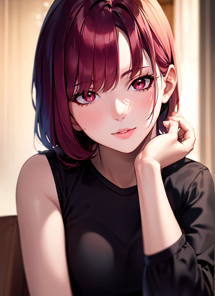 {{Kana Arima:1.6}}, {oshinoko}, (8k), ((Best Quality)), (Ultra-Detailed), High Resolution, Extremely Details CG, ((Photorealistic:1.2)), official art, by famous artist, perfect hands, perfect anatomy, super detailed skin, Beautifully Detailed Eyes, Beautifully Detailed Skin, Beautifully Detailed Hand, Beautifully Detailed Fingers, Beautifully Detailed Lip, Shiny Skin, Shiny Skin, Glossy Skin, PUPILS SPARKLING, Moody Lighting, Film Reflection, Deep Rendering, beautiful countenance, 1 girl in, 独奏, 25 years old, pink-red-purple hair, bowl cut hair, (Big, round eyes), red-black eyes, room, night, Black T-shirt, Blue Skirt, Cowboy Shot, Girl sitting,