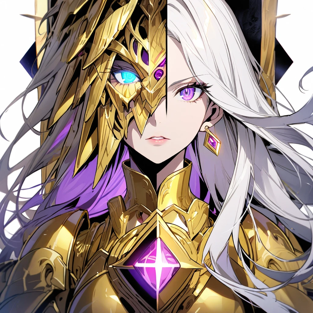 woman, blue eyes, long hair, white hair, mature, god eyes, diamond earings, glowing right eyes, two colors eyes, purple eyes, golden armor, main face, front face