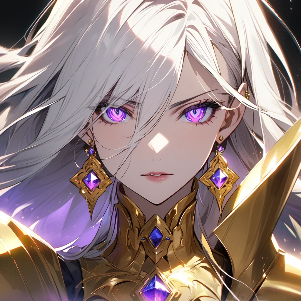 woman, blue eyes, long hair, white hair, mature, god eyes, diamond earings, glowing right eyes, two colors eyes, purple eyes, golden armor, main face, front face