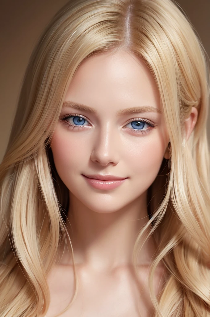 Soft portrait of a beautiful blonde woman, flowing golden hair, Captivating blue eyes, Delicate features, A radiant smile, Natural Makeup, Wear it elegantly, Gentle expression, A faint blush, Warm skin tones, Great lighting, Soft Shadows, high-resolution digital painting, Realistic style, Artistic interpretation, By a skilled portrait painter.