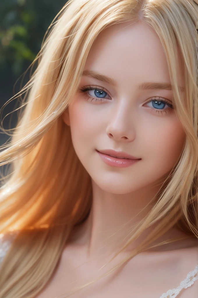 Soft portrait of a beautiful blonde woman, flowing golden hair, Captivating blue eyes, Delicate features, A radiant smile, Natural Makeup, Wear it elegantly, Gentle expression, A faint blush, Warm skin tones, Great lighting, Soft Shadows, high-resolution digital painting, Realistic style, Artistic interpretation, By a skilled portrait painter.