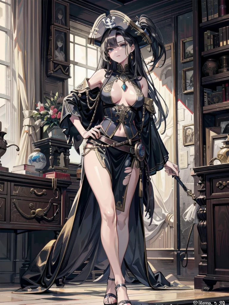 absurdres, RAW photo, extremely delicate and beautiful, masterpiece, Best Quality, ultra high resolution, 32k, hyperrealistic, ultra-detailed, perfect anatomy, anatomically correct, perfect figure, Perfect Style, Perfect balance, super Detailed skin, in her 30s, very Slim body, narrow waist, very small head, very small face, delicate facial features, handsome detailed woman, very detailed eyes and face, realistic face proportions, Realistic beautiful face, Realistic beautiful eyes, tearful mole, earring, big tits, full body shot, bare legs, medium hair, indoor, Legendary Pirate costume, Practical pirate clothing, Long-sleeved pirate top, Skirt, shirt, Torn pirate hat,