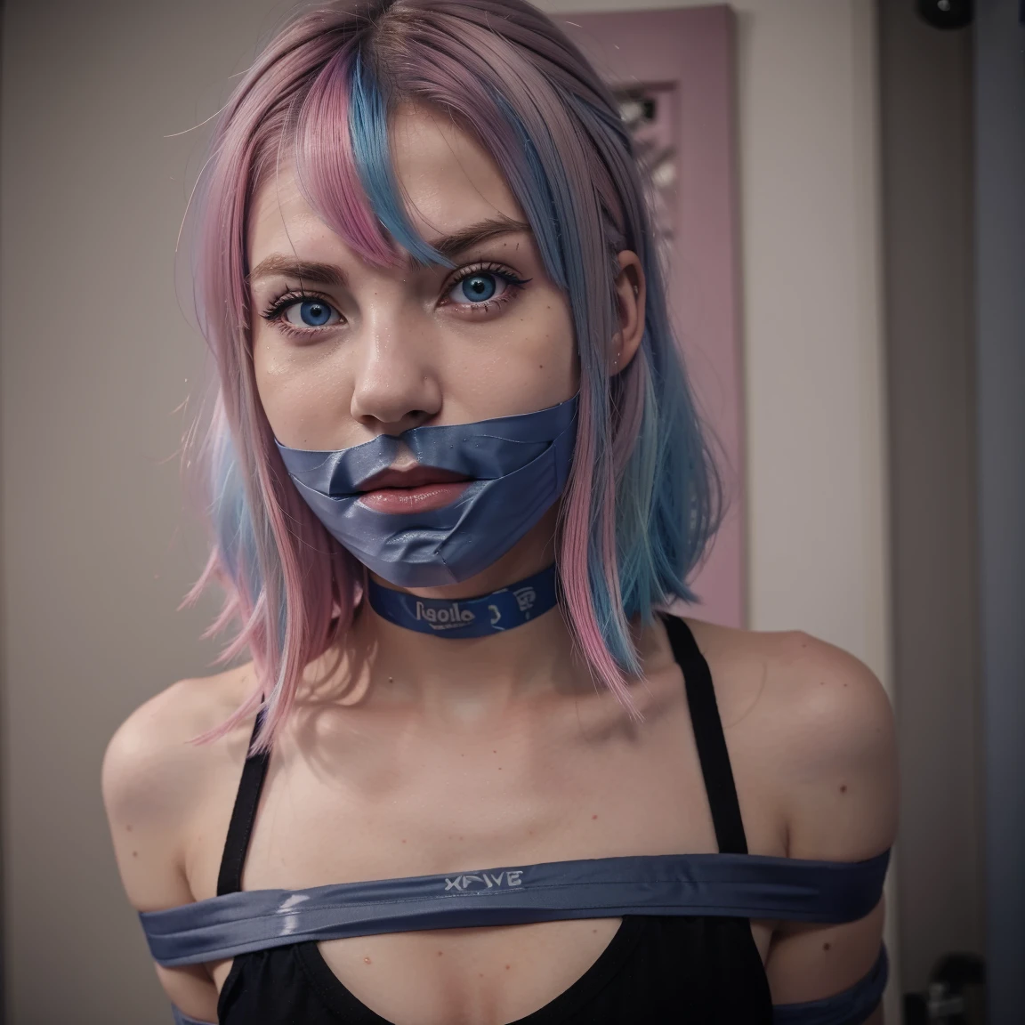 1 girl, 19 years old, Solo, Aesthetic art, Irish, with colored hair (blue and pink), shoulder length hair, gray eyes, light gray eyes, , best quality, tied and gagged,