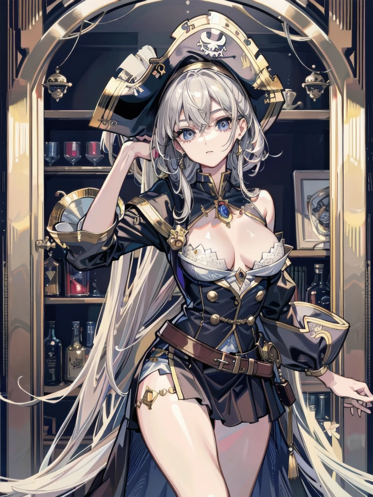 absurdres, RAW photo, extremely delicate and beautiful, masterpiece, Best Quality, ultra high resolution, 32k, hyperrealistic, ultra-detailed, perfect anatomy, anatomically correct, perfect figure, Perfect Style, Perfect balance, super Detailed skin, in her 30s, very Slim body, narrow waist, very small head, very small face, delicate facial features, handsome detailed woman, very detailed eyes and face, realistic face proportions, Realistic beautiful face, Realistic beautiful eyes, tearful mole, earring, , full body shot, bare legs, medium hair, indoor, Legendary Pirate costume, Practical pirate clothing, Long-sleeved pirate top, Skirt, shirt, Torn pirate hat,
