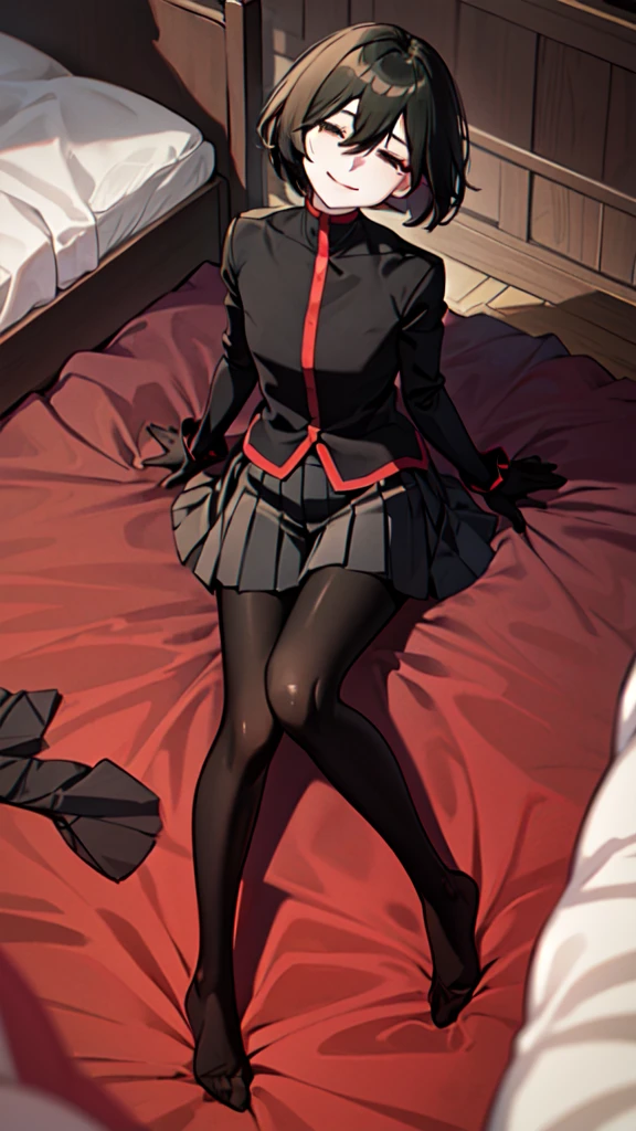 (masterpiece,Highest quality, detailed), One girl, alone, indoor, bed, Sitting, Half-closed eyes, smile, Mouth closed, whole body, Tilt your head, From above, View your viewers,
Oshino Ougi, Transparent gakuran, Black lace gloves, Black pantyhose and see-through jacket, Pleated skirt, Black Pantyhose, No shoes、