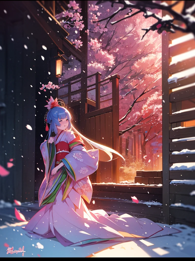 (Sumilux f1.4 50mm , low Latitude old color negative film , cross process , bokeh, flare, chromatic aberration , soft focus, (Shallow focus) , soft glow , Maximum aperture, High Key , Transparent depiction)  , kawaii hentai anime , Japanese Heian period , Royal girl, kitsune mask , (round Maro eyebrows) , kimono , (Peony flowers blooming:0.8) , Snow is falling , steamy breath , Kagura Dance , passion , Drinking sake , Drunkard