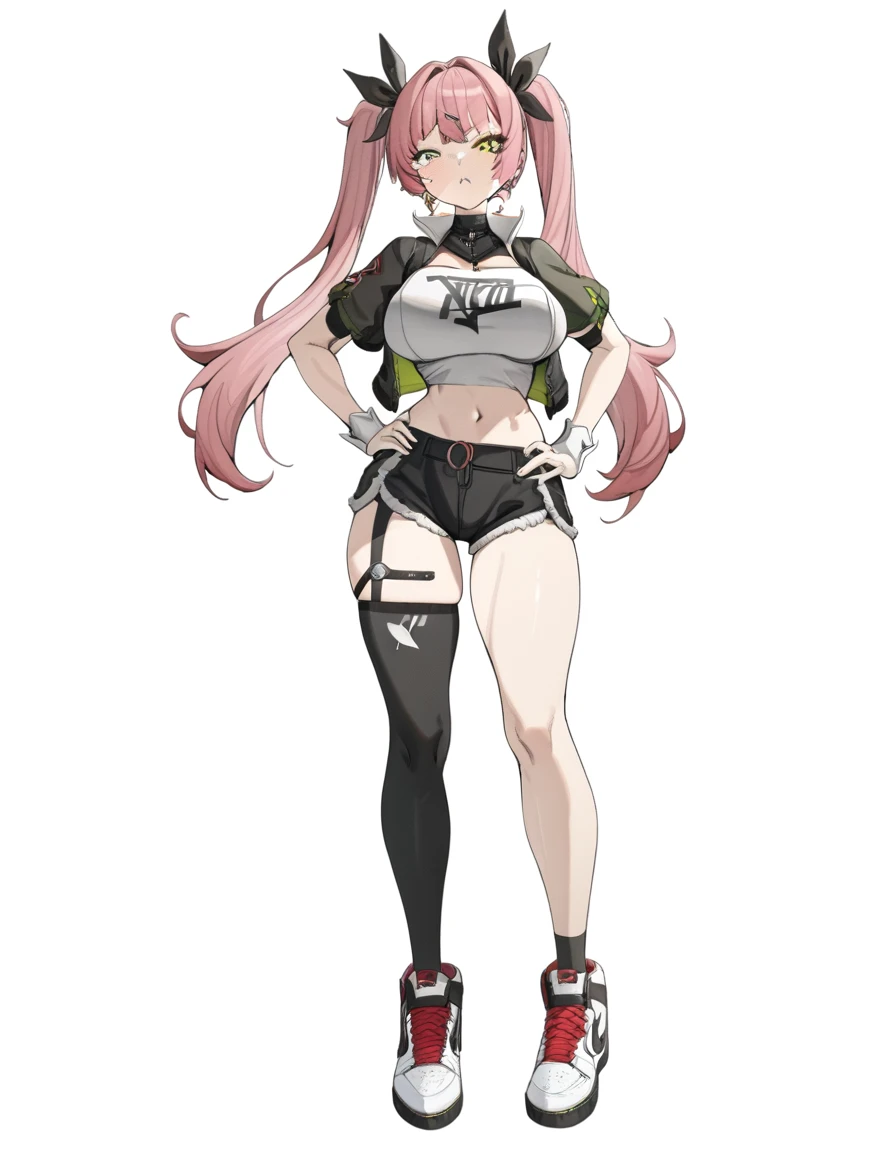 8k, best quality, masterpiece, (ultra-detailed:1.1), (one green eye:1.3), (high detailed skin), (full body:1.2), white background, standing, looking at viewer, (solo:1.4), hand on hip, nike, 1girl, large breasts, hair ribbon, twintails, pink hair, tube top, midriff, black shorts, (single thighhigh:1.2), (white background, simple background:1.4), ( good hands, nice hands:0.5), (beautiful_face), ((intricate_detail)), clear face, ((finely_detailed)), fine_fabric_emphasis, ((glossy)), full_shot