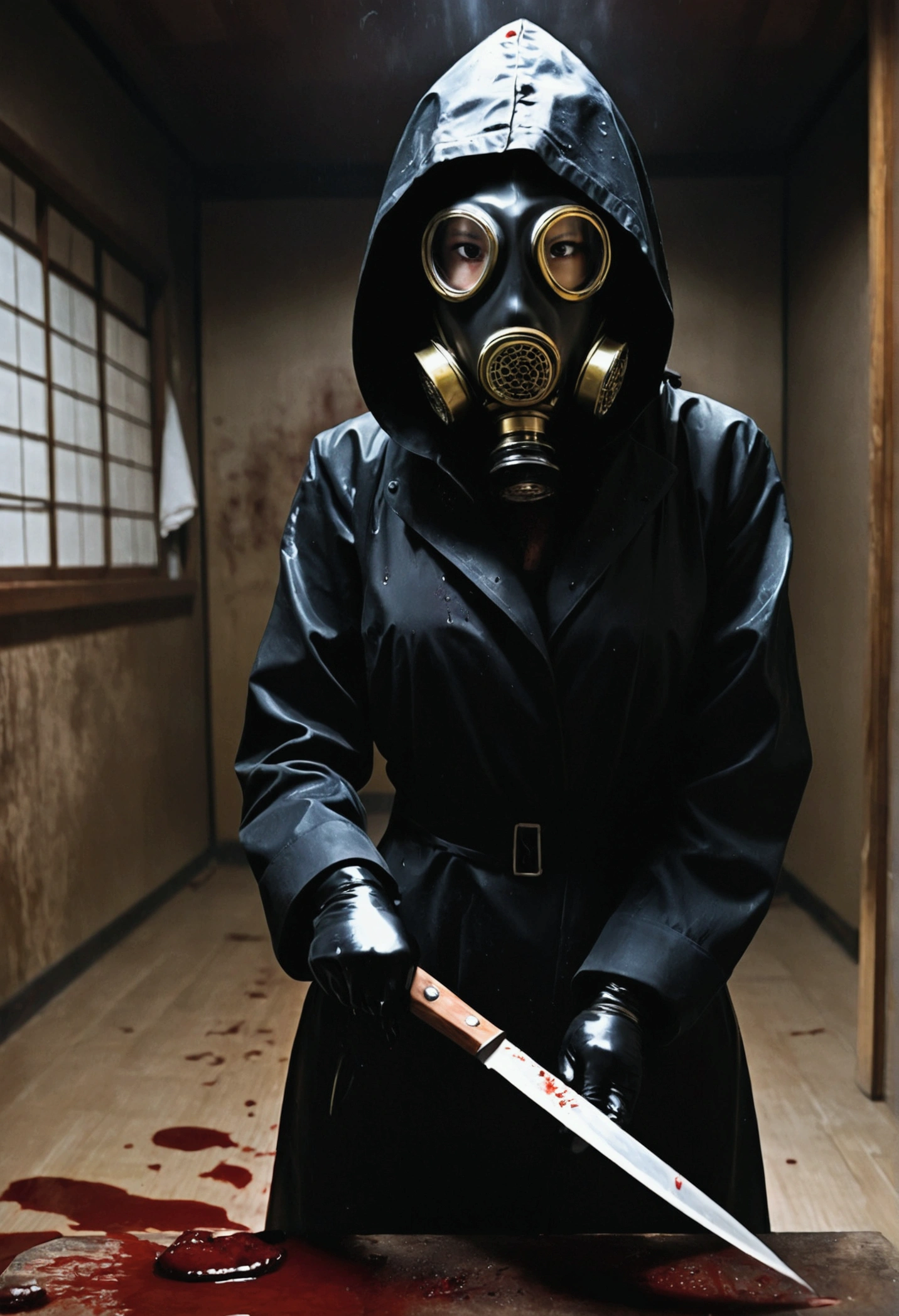 japanese glamorous girl, (behind corpse, gas mask), holding knife, stabbing, black gloves, room full of blood, black raincoat, hood up, holding knife, black gloves, behind corpse, blood splatter, black wet suit, night, mass murderer, robbery, dark atmosphere, cinematic lighting, atmospheric realistic,
