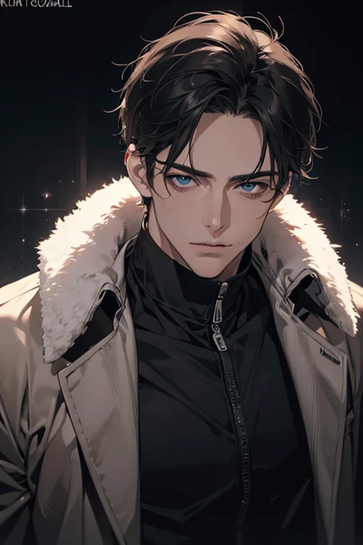 (Best Quality,4k,8k,high resolution,Masterpiece:1.2),ultra detailed,(realist,photorealist,photo-realist:1.37),1 man,31 years,mature man,muscular,square jaw,very handsome,without expresion,short gray black hair,hairstyle,Blue eyes,glare,perfect face without mistakes,imposing posture,collar jacket,leather jacket,dark background,cinematic lighting,imagen HDR
