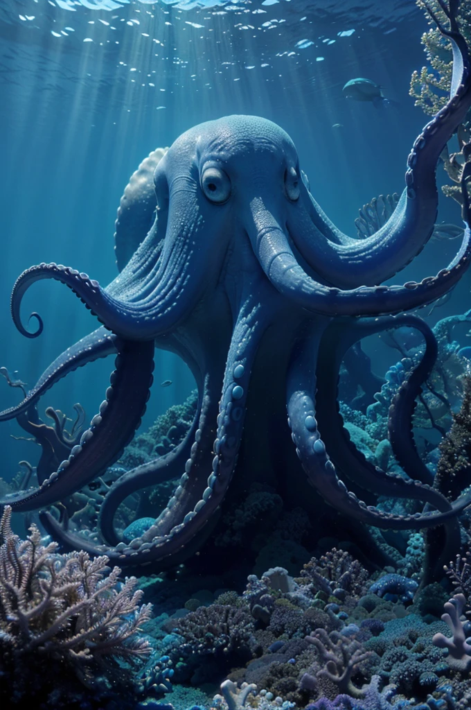 An octopus gracefully swims upward in a deep blue underwater scene, surrounded by faint bubbles and distant marine life. The creature's long, flowing tentacles are adorned with white suckers, showcasing a rich purplish hue that contrasts with the serene blue backdrop. Light filters from above, illuminating the octopus and creating a tranquil, magical atmosphere in the depths of the ocean.