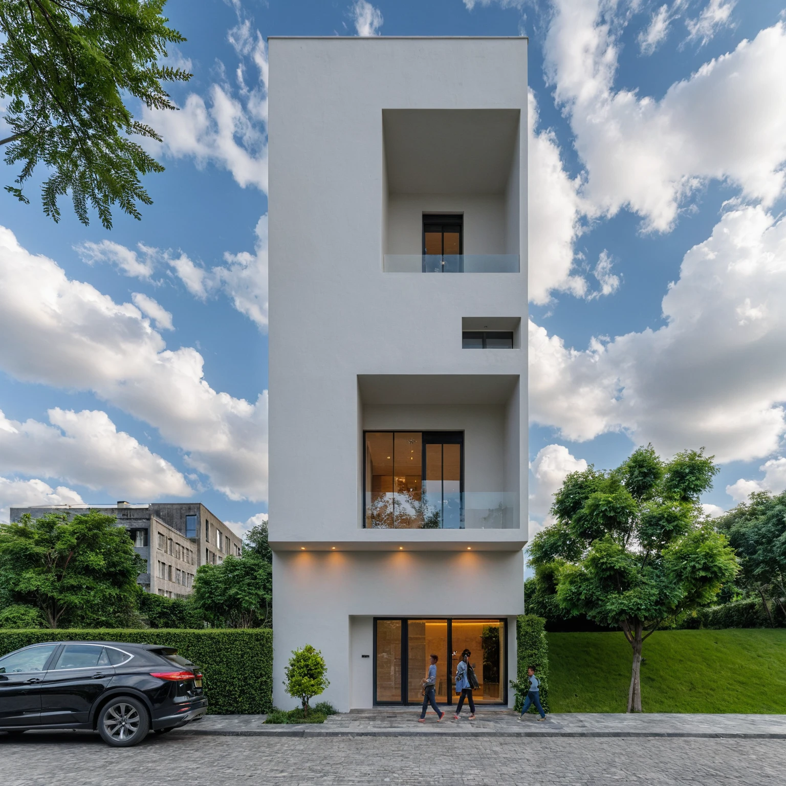 Masterpiece, high quality, best quality, authentic, super detail, outdoors, onestoreyvillaXL, aiaigroup, house style modern on the street ,stairs, white wall ,road,pavement, grass, trees, sky, cloud, (daylight:1.1)