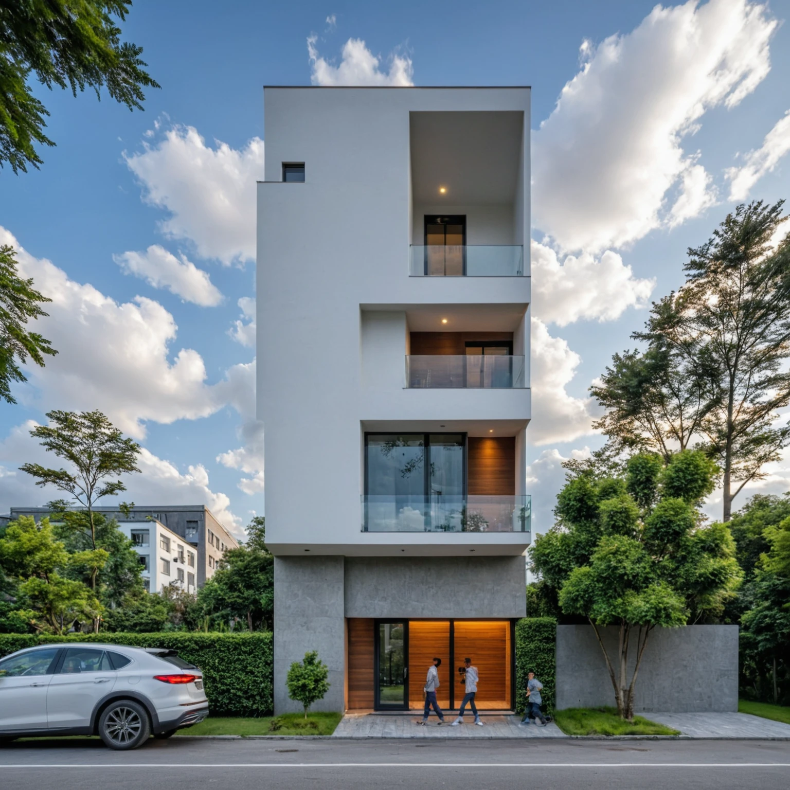 Masterpiece, high quality, best quality, authentic, super detail, outdoors, onestoreyvillaXL, aiaigroup, house style modern on the street ,stairs, white wall ,road,pavement, grass, trees, sky, cloud, (daylight:1.1)