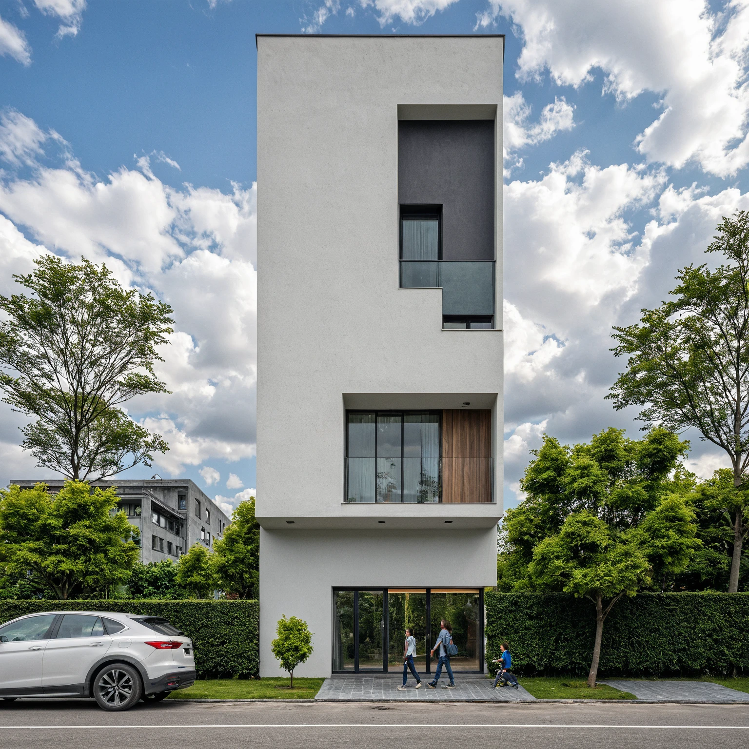 Masterpiece, high quality, best quality, authentic, super detail, outdoors, onestoreyvillaXL, aiaigroup, house style modern on the street ,stairs, white wall ,road,pavement, grass, trees, sky, cloud, (daylight:1.1)