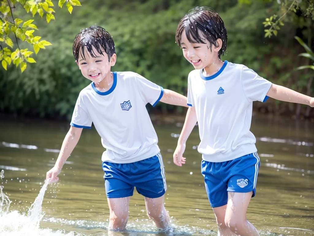 In the forest、 in the countryside、Swimming in the river、Bathing in water、水でGet wet all over、Cute eletary boy、Boy in gym clothes、The bottom of the white T-shirt is blue、Blue shorts、The boys are playing、Get wet all over、The laughter of boys can be heard from afar、Splashing Water、Japanese、(Boy 1.4)、high resolution、Highest quality、wet clothes、transparent