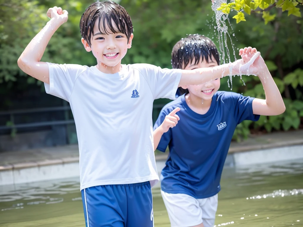 In the forest、 in the countryside、Swimming in the river、Bathing in water、水でGet wet all over、Cute eletary boy、Boy in gym clothes、The bottom of the white T-shirt is blue、Blue shorts、The boys are playing、Get wet all over、The laughter of boys can be heard from afar、Splashing Water、Japanese、(Boy 1.4)、high resolution、Highest quality、wet clothes、transparent