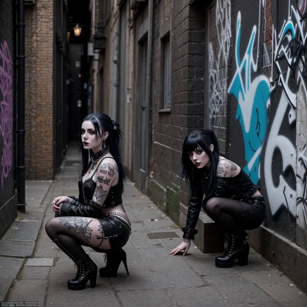 2 Nude girls, punk hair, laying on motorcycle, pale skin, chaps, leather gloves