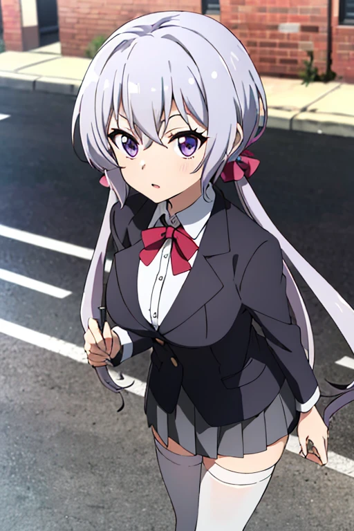 (Highest quality, 8k, High resolution, masterpiece:1.2), Anime art style, Yukinecris, 1 girl, Perfect Face, Perfect Eyes, Very large breasts, Silver Hair, (Low Twintails:1.3), Pink Hair、ribbon、Purple Eyes, Thin twin tails, Long Hair, Soft look, alone, (school uniform, Grey blazer,White shirt, Red tie, mini skirt, Frilled Skirt, Cool grey skirt, Checkered skirt, white stockings), School,Outdoor,Close-up,